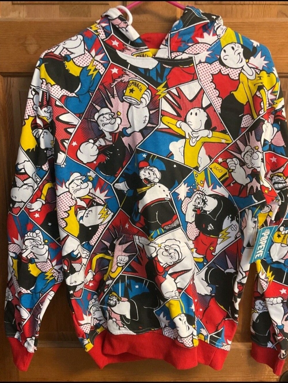Popeye Comic Print Hoodie Sweatshirt Red Trim Cartoon Character Size XL
